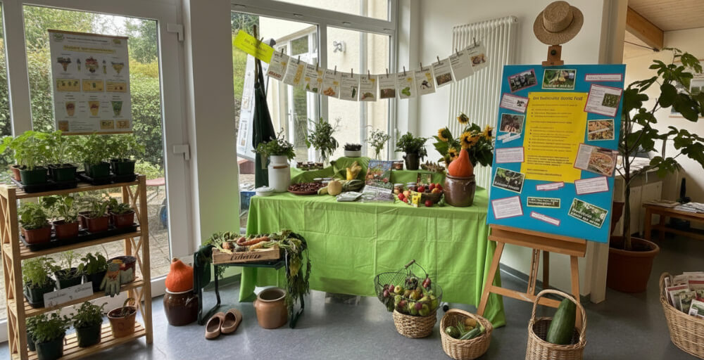 Heller Ausstellungsraum mit Pflanzen- und Gemüsepräsentation auf grün gedecktem Tisch, Setzlinge im Holzregal, Infotafel an der Wand, Körbe mit Obst und Sonnenblumen
