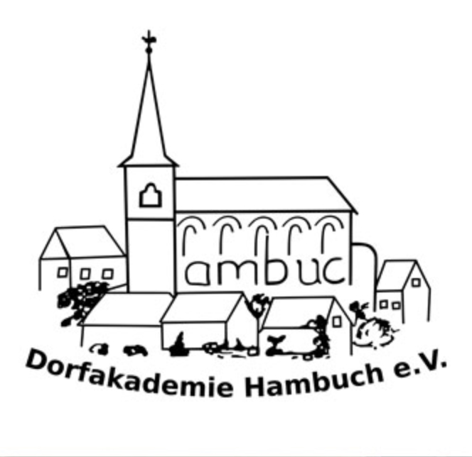 Das Logo der Dorfakademie Skizze mit Kirche umgeben von Häusern. Unterhalb der Schriftzug Dorfakademie Hambuch e.V.