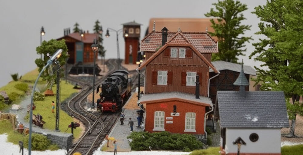 Detaillierte Modelleisenbahnanlage mit historischer Dampflokomotive auf geschwungenem Gleis, rotes Backsteinhaus mit Ziegeldach, Laternen und Miniatur-Bahnhofsszenerie