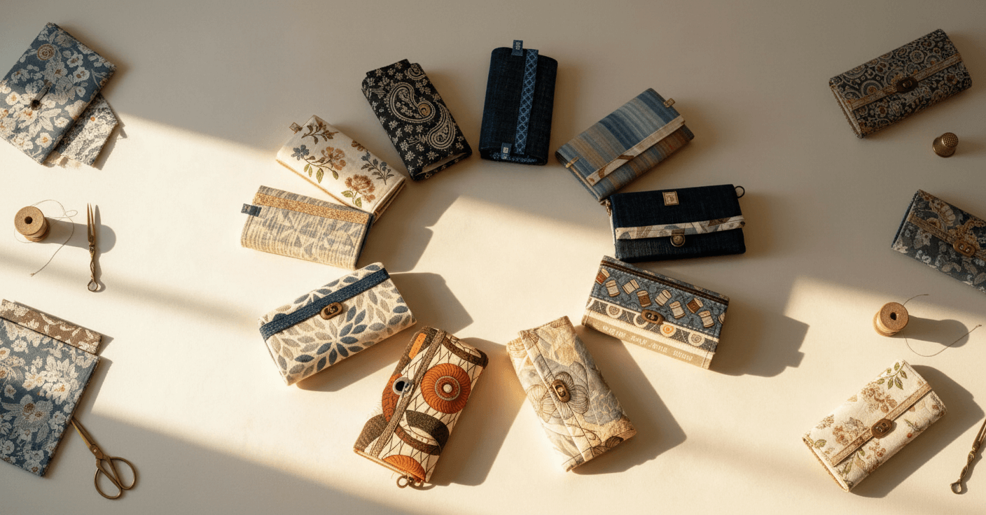 Kreisförmig arrangierte handgefertigte Patchwork-Etuis und Brieftaschen in floralen und geometrischen Mustern, umgeben von Nähutensilien wie Garnrollen und Scheren