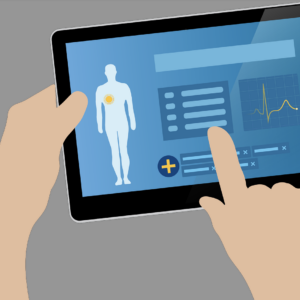 Illustration: Hände bedienen Tablet mit medizinischer Gesundheits-App, anatomische Darstellung und Vitaldiagramme auf dem Bildschirm