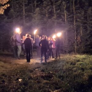 Gruppe mit brennenden Fackeln bei nächtlicher Wanderung durch den Wald in nebligem Ambiente